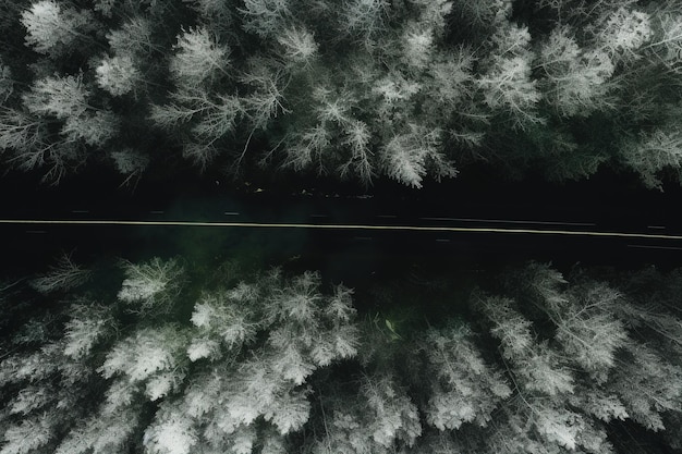 Luchtfoto van een snelweg die door een bos slingert, zowel in de zomer als in de winter
