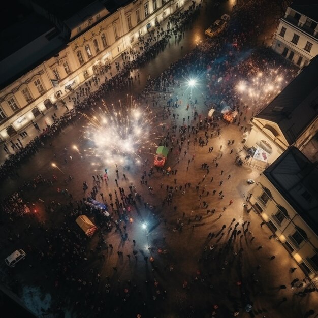 Luchtfoto van een straat 's nachts met mensenvuurwerk en het maanlicht