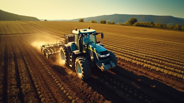 Foto luchtfoto van een tractor die op een plantage werkt bij zonsondergang