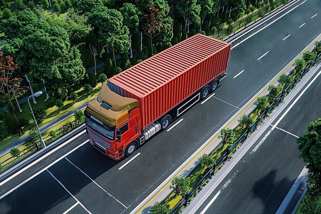 Luchtfoto van een vrachtwagen met een container op de weg