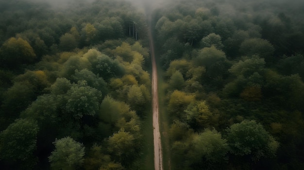 Luchtfoto van een weg door het groene bos