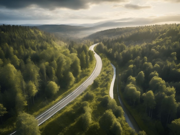 Luchtfoto van een weg in een bos