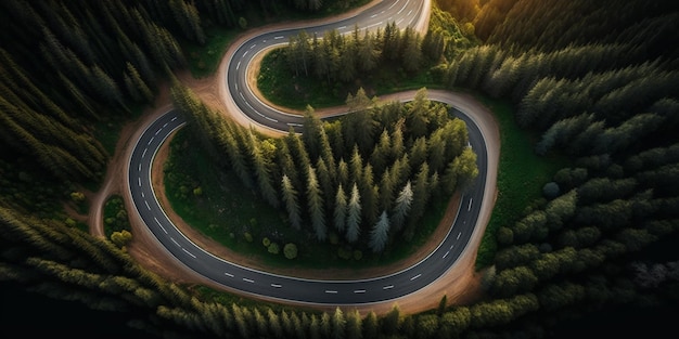 Luchtfoto van een weg in het midden van de boswegconstructie tot aan de bergtop