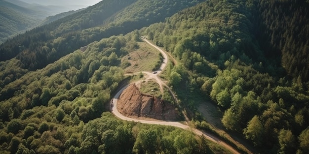 Luchtfoto van een weg in het midden van de boswegconstructie tot aan de bergtop