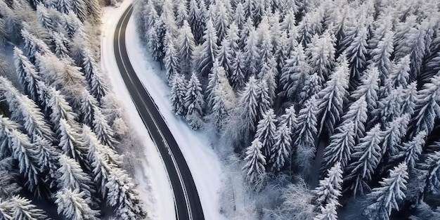 Luchtfoto van een winterse besneeuwde weg met Serpentine Switchbacks in een bos
