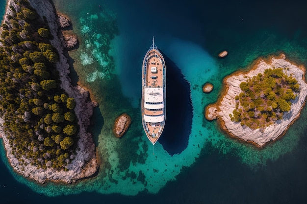 Luchtfoto van een zeer grote boot die voor anker ligt in de blauwe baai van het Kroatische eiland Mali Losinj