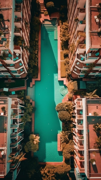 Luchtfoto van een zwembad in een woonwijk met generatieve ai appartementsgebouwen