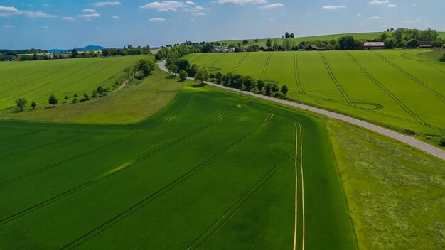 Foto luchtfoto van gele koolzaadvelden op het duitse platteland