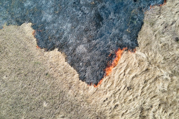 Luchtfoto van grasland dat tijdens het droge seizoen met rood vuur brandt. Natuurramp en klimaatverandering concept