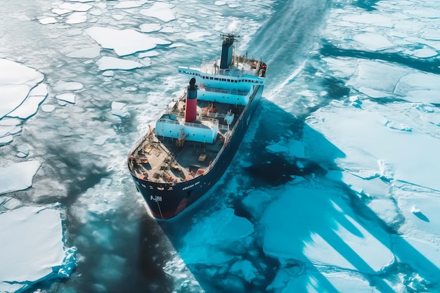 Luchtfoto van grote lading ijsbreker zeilen in ijskoude oceaan Generatieve AI illustratie