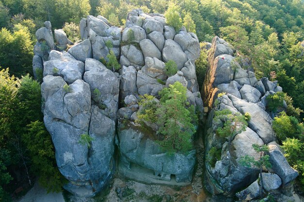 Luchtfoto van helder landschap met groene bosbomen en grote rotsblokken tussen dichte bossen in de zomer. prachtig landschap van wilde bossen.