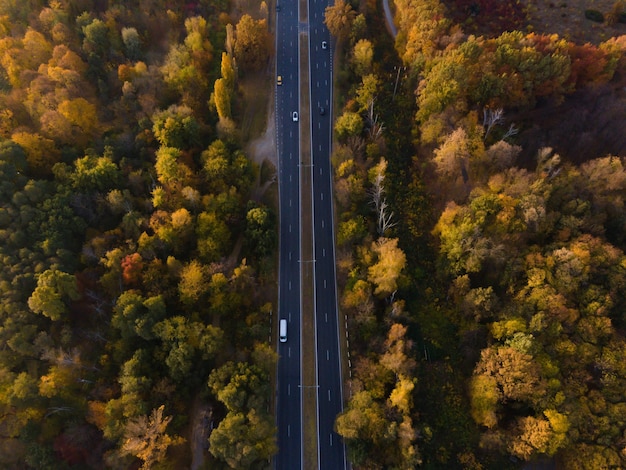 Luchtfoto van herfstbos en veel auto's op de weg