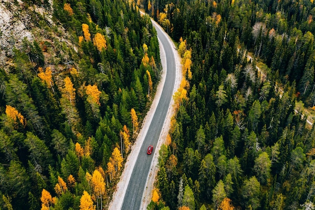 Luchtfoto van herfstkleurenbos in de bergen en een weg met rode auto in finland lapland