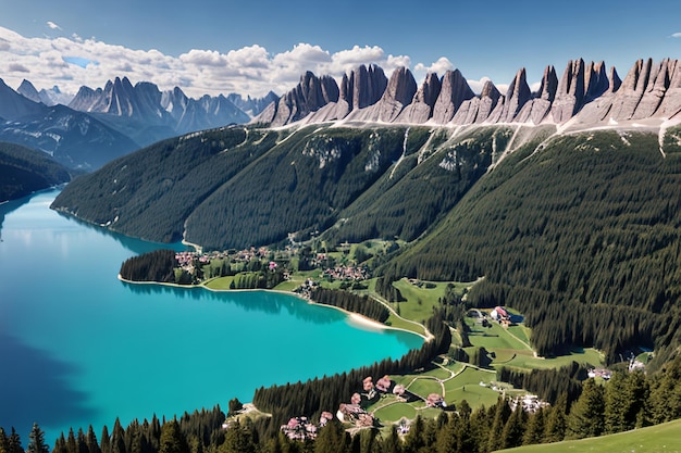 Luchtfoto van het berglandschap van Lago Antorno Dolomites Lake