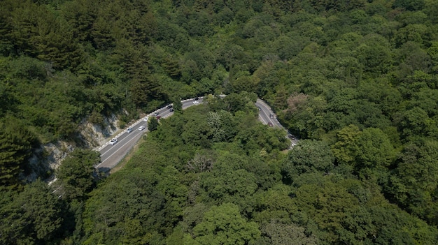 Luchtfoto van het gedreun van de bochtweg met een auto op de berg met groen bos in Rusland