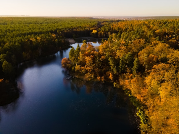 Luchtfoto van het herfstbos in de buurt van de rivier in de middag