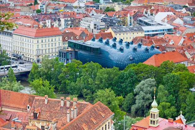 Luchtfoto van het Kunsthaus Graz