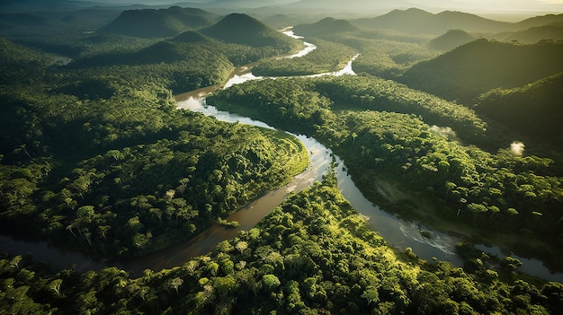 Luchtfoto van het oerwoudlandschap van de Amazone met rivier Generative AI