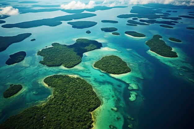 luchtfoto van het paradijselijke uitzicht op de oceaan en de kust met helderblauw transparant water en zacht zand