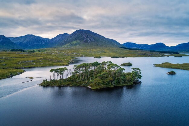 Luchtfoto van het Pine Trees Island in het Derryclare Lake