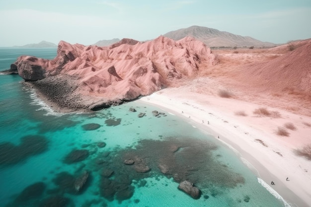 Luchtfoto van het prachtige roze strand Komodo National Park Indonesië met roze zand en turquoise zee