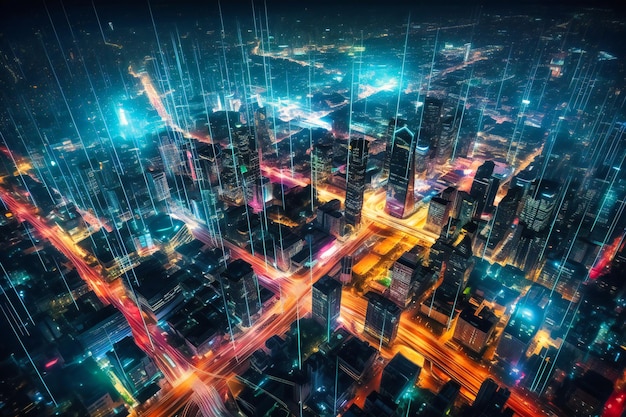 Luchtfoto van het stadsbeeld met de nadruk op glasvezelkabelverbindingen en futuristische gloed