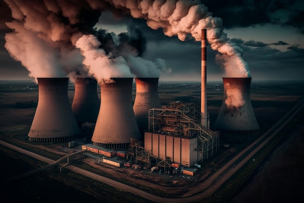 Luchtfoto van hoge pijpen van een kolencentrale in de schemering waarop zwarte rook te zien is die opstijgt en de lucht vervuilt Generatieve AI