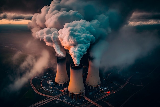 Luchtfoto van hoge pijpen van een kolencentrale in de schemering waarop zwarte rook te zien is die opstijgt en de lucht vervuilt generatieve ai