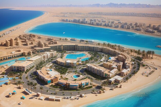 Luchtfoto van hotels in de buurt van de stad Hurghada vanaf het vliegtuig