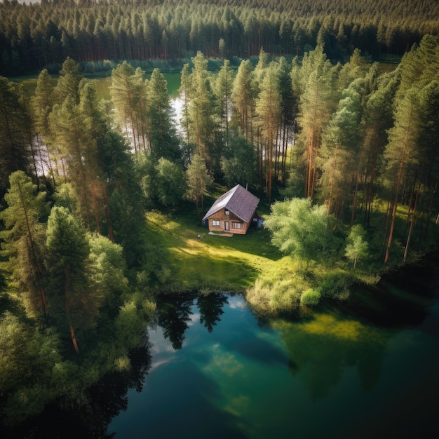 Luchtfoto van houten huisje in groen dennenbos bij het blauwe meer in landelijke zomer generatieve ai