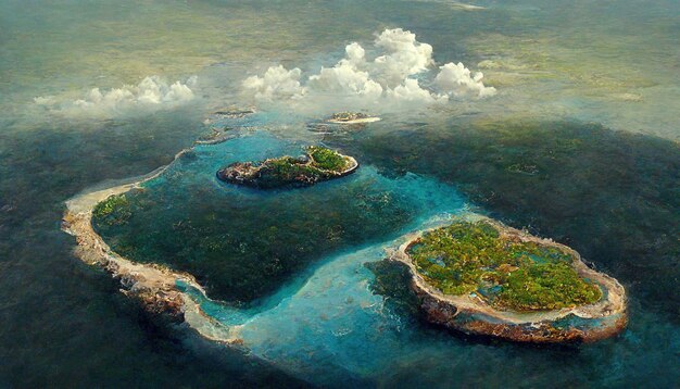 Luchtfoto van kleine exotische atoleilanden in de open oceaanzee Prachtige natuur 3D illustratie