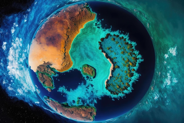 Luchtfoto van kleurrijke aarde blauwe planeet vanuit de ruimte mooie oceaan gemaakt door AIkunstmatige intelligentie