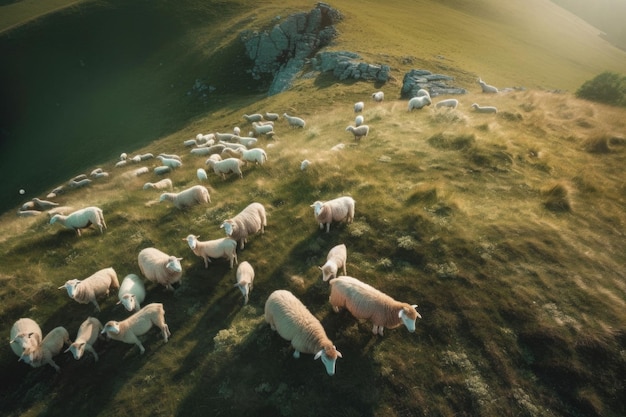 Luchtfoto van kudde schapen grazen op weide Landelijk landschap met boerderijdieren Generatieve AI