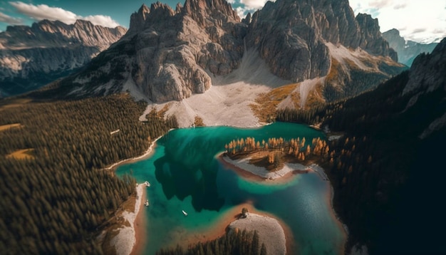Luchtfoto van Lago Antorno Dolomieten Lake berglandschap met Alpen piek Italië Generatieve Ai