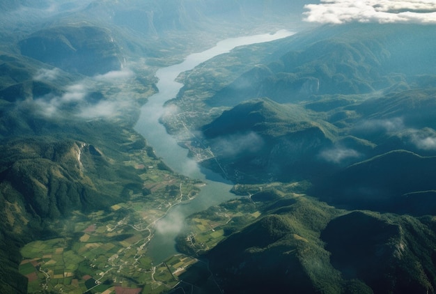 Luchtfoto van land en water in de vallei ai gegenereerd kunstwerk
