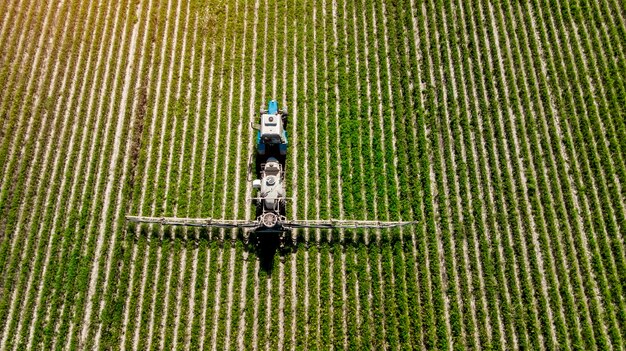 Luchtfoto van landbouwsproeier die op een zonnige dag op het groene veld werkt