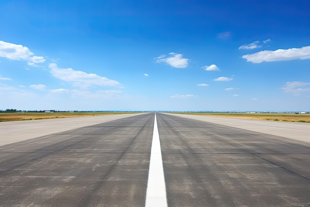Luchtfoto van landelijke vliegveldbaan tegen helderblauwe hemel Transport- en reisconcept