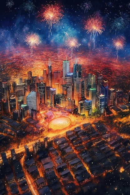 Luchtfoto van levendig vuurwerk boven de skyline van een stad, gemaakt met generatieve AI