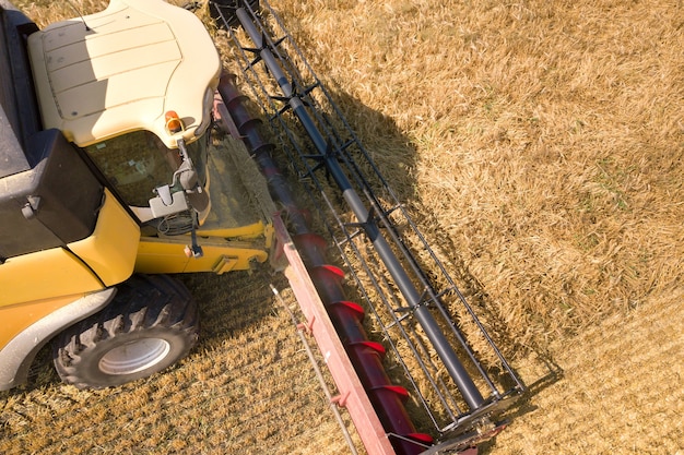 Luchtfoto van maaidorser die groot rijp tarweveld oogst. Landbouw vanuit drone-weergave.