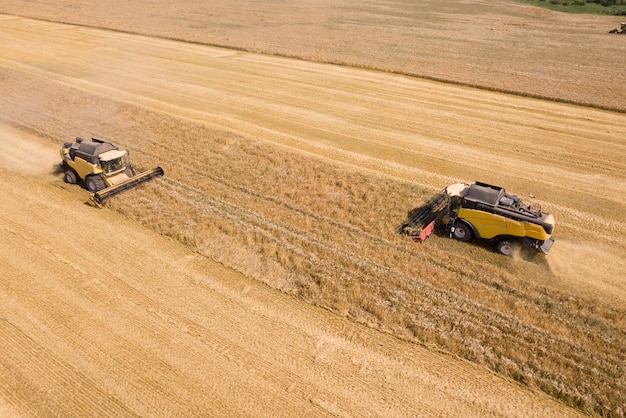 Luchtfoto van maaidorsers die een groot geel rijp tarweveld oogsten.