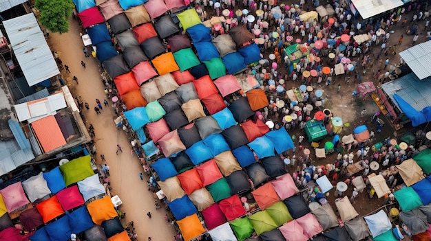Luchtfoto van mensen op de markt in Bangkok, Thailand