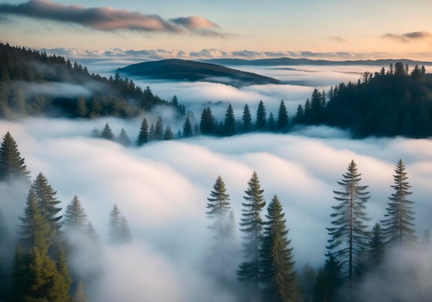 Luchtfoto van mistig bos in de ochtend Prachtig natuurlandschap Generatieve AI