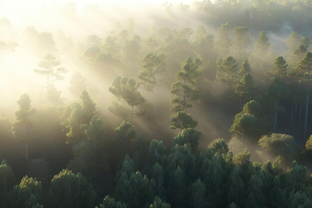 Luchtfoto van mistig dennenbos bij zonsopgang in de zomer