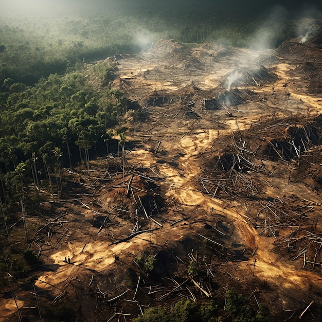 Foto luchtfoto van ontbossing die uitgestrekte gebieden van gekapte grond en de daaruit voortvloeiende ecologische ontwikkeling toont
