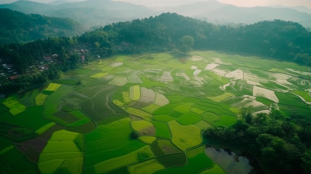 Luchtfoto van oosterse rijstvelden surrealistisch rijstteeltlandschap Aziatische groene vlakken en plantages Generatieve AI