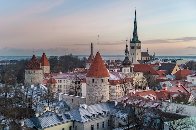 Luchtfoto van Patkuli uitkijkplatform van Tallinn Old Town in een mooie winteravond, Estland.