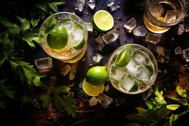 Luchtfoto van tequila-soorten met limoenzout en agaveblaadjes op een buitentafel