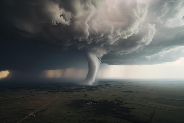 Luchtfoto van tornado met onweerswolken die boven het hoofd ronddraaien, gemaakt met generatieve ai