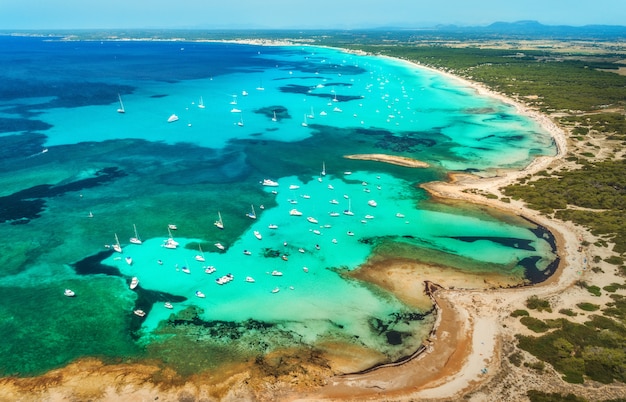 Luchtfoto van transparante zee met blauw water, zandstrand, rotsen, groene bomen, jachten en boten in zonnige ochtend in de zomer