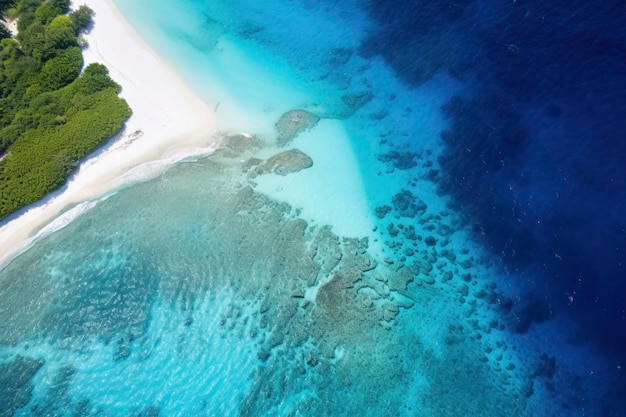 Luchtfoto van tropisch strand zonder mensen met wit zand, kalme zee, prachtige scène